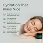 A smiling woman rests her head beside a green Deep Hydrating Face Moisturizer for Sensitive Skin with Green Tea jar. Text highlights weightless, fast-absorbing hydration that’s gentle, layers under makeup, and suits all skin types.