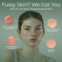 A young woman with clear skin is shown, with zoomed-in circles highlighting uneven texture, fine lines, and dryness—showing how Tree To Tub Deep Hydrating Face Moisturizer for Sensitive Skin with Green Tea can help.