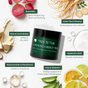 A jar of Tree To Tub Deep Hydrating Face Moisturizer for Sensitive Skin with Green Tea is shown surrounded by ingredients like rosewater, green tea, ginseng, hyaluronic acid, shea butter, aloe, and vitamin C.