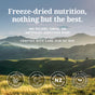 Scenic green hills under a cloudy sky with text promoting Feline Natural Cat Food—grain-free, freeze-dried nutrition made in New Zealand from ethical, grass-fed, cage-free, sustainable ingredients with no fillers or additives.