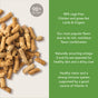 Close-up of Feline Natural Grain-Free, Freeze-Dried Cat Food (New Zealand); made with 98% real meat (chicken, grass-fed lamb, organs), rich in omegas for healthy skin, vision & immune system; green accent on right.