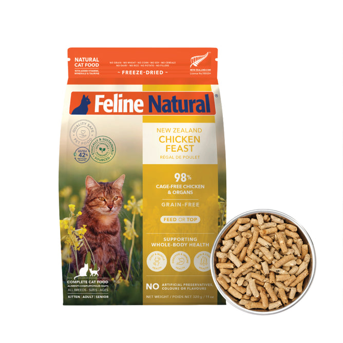 A pack of Feline Natural Cat Food - Grain-Free, Freeze-Dried features a cat in a field beside a kibble bowl on the package, highlighting natural ingredients and cage-free chicken from Feline Natural.
