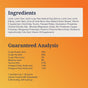 An orange gradient background displays the ingredients list and guaranteed analysis for Feline Natural Grain-Free, Freeze-Dried cat food, with separate sections highlighting crude protein (45%) and crude fat (36%).
