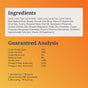 The Feline Natural Grain-Free, Freeze-Dried Cat Food label lists lamb organs, fish oils, vitamins, minerals, and shows protein (42%), fat (39%), fiber, moisture, and calories on an orange gradient background.