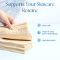 A hand picks up a beige towel from a neat stack. Text: “Supports Your Skincare Routine.” Icons highlight Fomin Clean Facial Towels Bamboo as ultra-soft, hypoallergenic, highly absorbent, and made from 100% plant-based fibers.