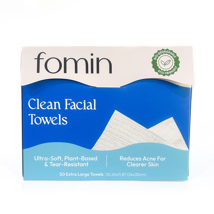 Fomin Clean Facial Towels come in blue and white packaging, are ultra-soft, plant-based, tear-resistant, biodegradable, eco-friendly, gentle on sensitive skin, and include 50 extra large disposable towels per box.