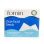 Fomin Clean Facial Towels come in blue and white packaging, are ultra-soft, plant-based, tear-resistant, biodegradable, eco-friendly, gentle on sensitive skin, and include 50 extra large disposable towels per box.