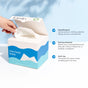 A hand pulls a Fomin Clean Facial Towel from its box. Next to it, features highlight: hypoallergenic, skincare essential, and multi-use—perfect for sensitive skin. The background is light blue.