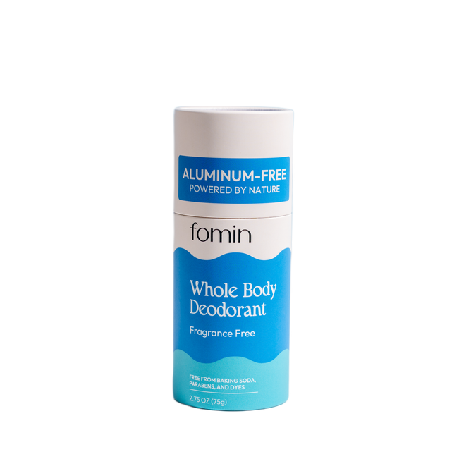 The Fomin Deodorant Stick (2.7 oz) comes in blue and white packaging, is aluminum-free, fragrance-free, eco-conscious, and contains no baking soda, parabens, or dyes—it effectively neutralizes odors.