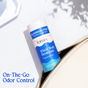 A Fomin Deodorant Stick is shown partially inside a beige bag with the text "On-The-Go Odor Control." This eco-friendly, aluminum-free, and fragrance-free stick easily neutralizes odors anytime.