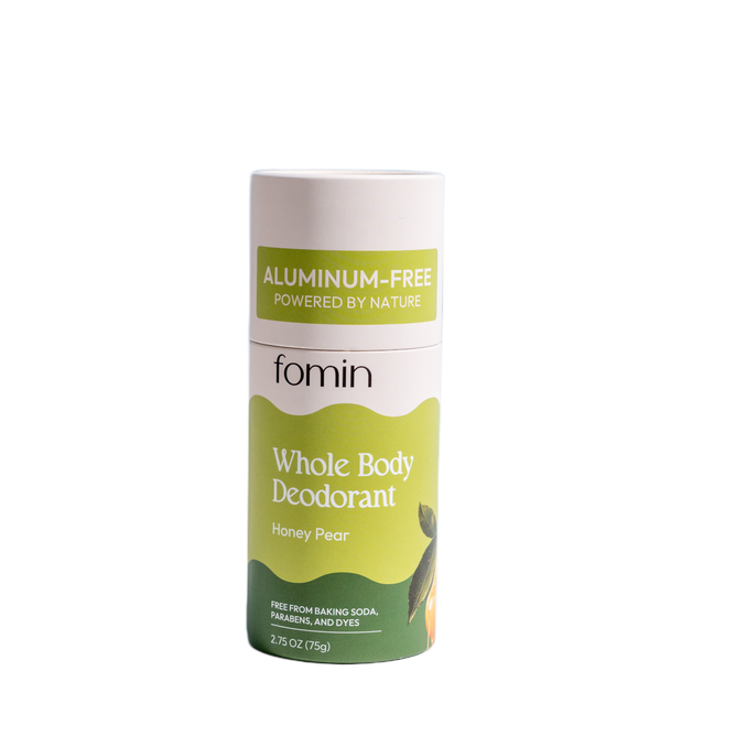 The Fomin Deodorant Stick in Honey Pear scent features green and white packaging and is labeled "Aluminum-Free, Powered by Nature" and "Free from baking soda, parabens, and dyes.