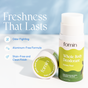 Two Fomin Deodorant Stick Honey Pear scents are shown—one standing, one lying down. Text highlights odor neutralization, aluminum-free formula, stain-free finish, and eco-conscious design.
