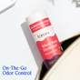 A Fomin Deodorant Stick labeled Magnolia Neroli is partially tucked in a beige bag. "On-The-Go Odor Control" appears in the corner. This eco-conscious, aluminum-free deodorant stick offers nature-powered freshness.