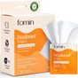 A box and single packet of Fomin Deodorant Wipes W/ AHA in Citrus Harmony are shown. The open pack reveals white exfoliating wipes with Mandelic Acid for odor and ingrown hair control, highlighting key certifications and benefits on packaging.