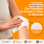 A person uses Fomin Deodorant Wipes W/ AHA, featuring Mandelic Acid to fight sweat, odor, and ingrown hairs. An orange background and certification badges emphasize the product’s effectiveness and trustworthiness.