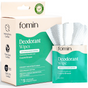 A box and individual packet of Fomin Deodorant Wipes W/ AHA, labeled Coastal Breeze, display eco-friendly and certification icons. These exfoliating wipes with Mandelic Acid help prevent ingrown hairs, with some wipes partially pulled out in front.