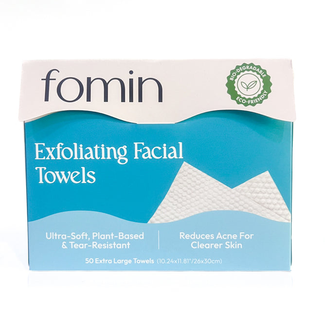 A box of Fomin Exfoliating Facial Towels with blue and white packaging is shown. These disposable towels are ultra-soft, plant-based, hypoallergenic, tear-resistant, and eco-friendly.