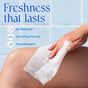 A hand uses Fomin Feminine Wipes to cleanse a bare thigh against tile. On the image: "Freshness that lasts," "pH balance for sensitive areas," and "Hydrating Formula." Hypoallergenic, with matching feature icons.