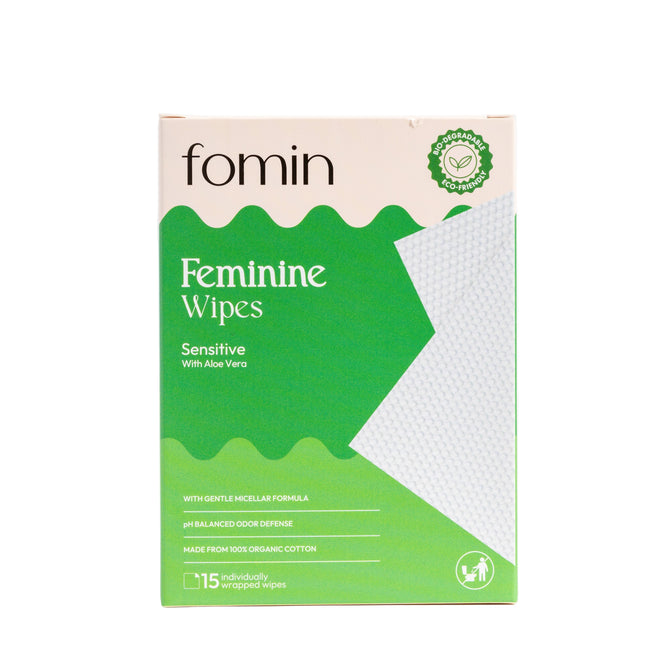 Fomin Feminine Wipes offer 15 individually wrapped sensitive wipes with aloe vera, organic cotton, and pH balanced odor defense in green and white packaging for optimal vaginal health.