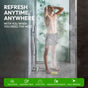 A man in swim trunks stands under a shower. Text reads: Refresh anytime, anywhere with Fomin Shower Steamer - Melon Splash, infused with essential oils—perfect for vacations, business trips, post-gym sessions, and daily routines.