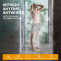 A man stands under a steaming shower in a modern bathroom. Fomin’s Spiced Orange Shower Steamer makes aromatherapy easy—enjoy revitalizing scents anytime, anywhere, from vacations to business trips and after workouts.