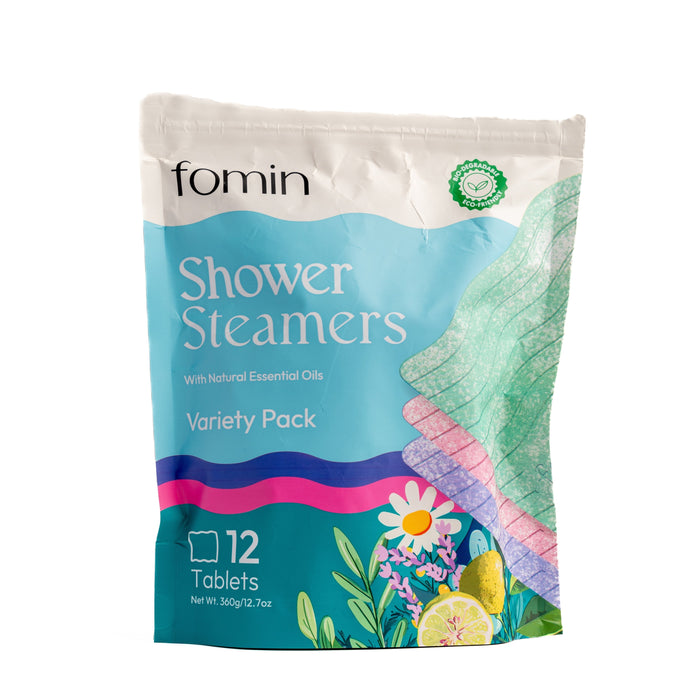 Fomin Shower Steamer - Variety Pack features 12 tablets with natural essential oils in a stand-up pouch adorned with colorful floral and citrus designs in soft blue, pink, green, and white, turning your shower into a spa retreat.