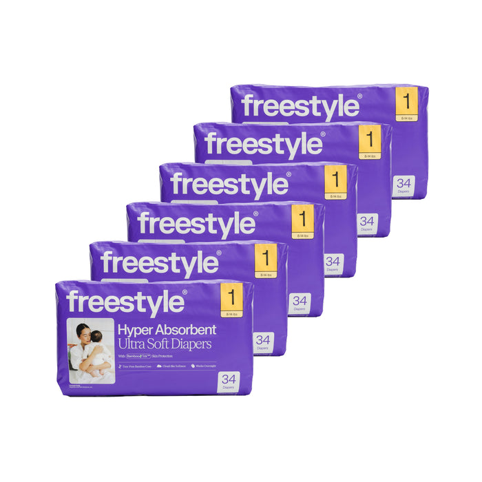 Five packs of Freestyle Tree Free Bamboo Diapers, size 1, 34 diapers per pack, purple packaging with white text and a mother holding baby image—eco-friendly for delicate skin; one month supply.