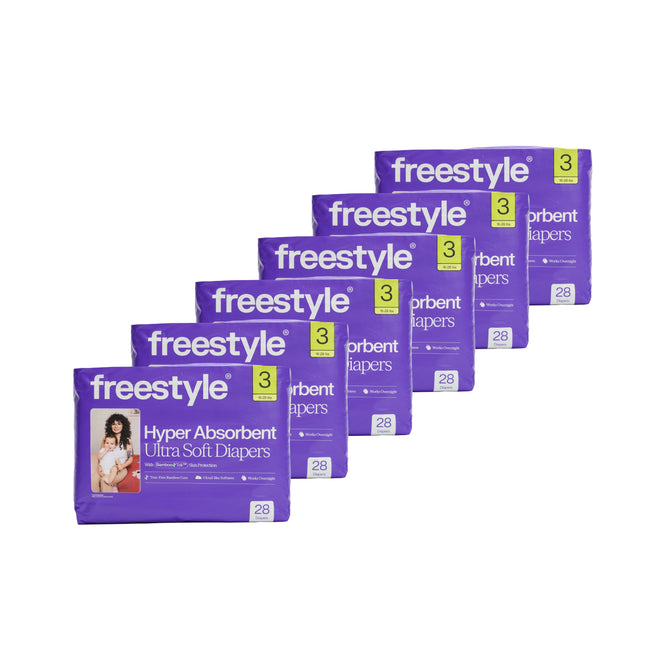 Six packs of Freestyle Tree Free Bamboo Diaper - One Month Supply, size 3 (28 eco-friendly diapers per pack), are arranged in a staggered row on a white background.