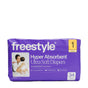A purple package of Freestyle Tree Free Bamboo Diaper, size 1 (8-14 lbs), shows a woman holding a baby. The 34-count pack features eco-friendly bamboo care and offers overnight protection.