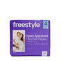A 24-count pack of Freestyle Tree Free Bamboo Diapers, size 4 (22-37 lbs), features a photo of a smiling woman holding a child. The purple, eco-friendly package contains ultra-soft, hyper absorbent bamboo diapers.