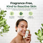 A smiling woman applies Foaming Face Wash for Dry & Sensitive Skin by Tree To Tub. Text: Fragrance-Free, Kind to Sensitive Skin. Icons show gentle cleanser, pH-balanced, vegan & cruelty-free. Green leaves frame the scene.