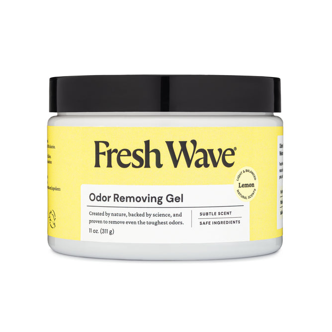 Fresh Wave Odor Removing Gel in lemon scent comes in an 11 oz (311 g) round white container with a yellow label and black lid. This natural odor remover is safe for kids and pets and features a subtle fragrance.