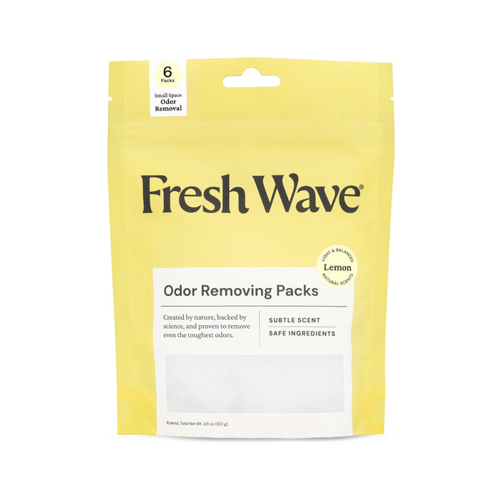 A yellow 6-pack of Fresh Wave Odor Removing Packs for Small Spaces, lemon scented, offers natural ingredients and safe deodorizing power with a subtle fragrance—ideal for eliminating odors in confined areas.