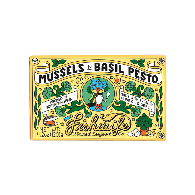 A vibrant yellow Fishwife box featuring a cartoon character, ideal for storing Mussels in Basil Pesto or even your favorite olive oil.