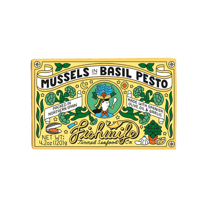 A vibrant yellow Fishwife box featuring a cartoon character, ideal for storing Mussels in Basil Pesto or even your favorite olive oil.