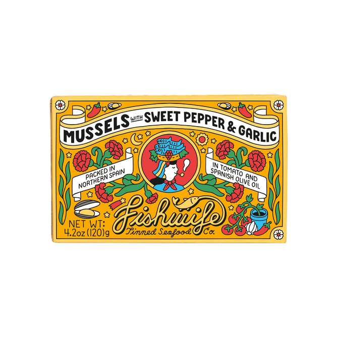 Fishwife’s “Mussels with Sweet Pepper & Garlic” comes in a colorful tin featuring mussels, peppers, garlic, flowers, and a mermaid. Packed in Northern Spain, these mussels are flavored with smoked paprika.