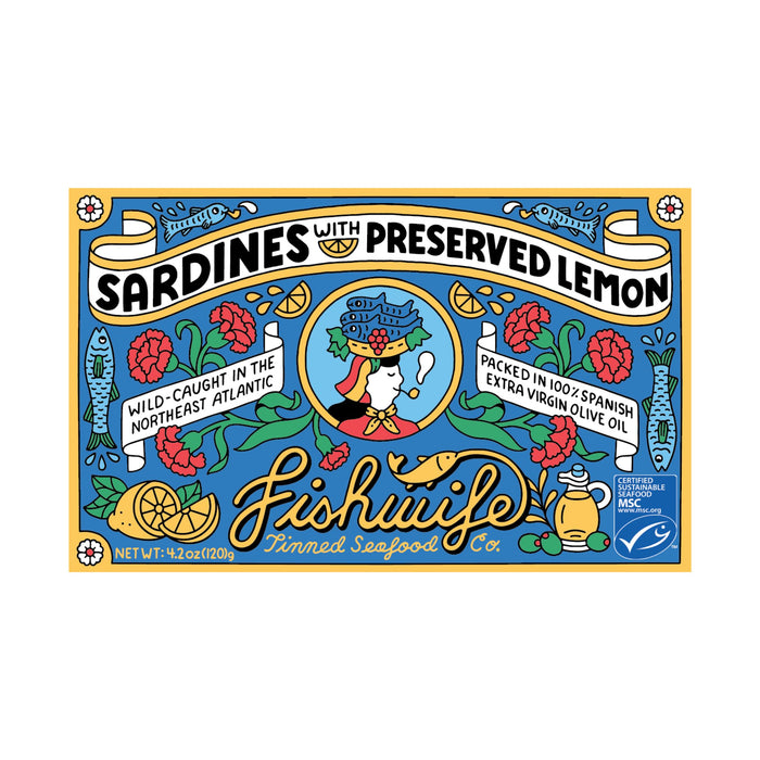 Fishwifes Sardines with Preserved Lemon feature vibrant vintage packaging accented with flowers and lemons. They celebrate sustainability by showcasing wild-caught sardines from the Northeast Atlantic, all packed in premium Spanish extra virgin olive oil.