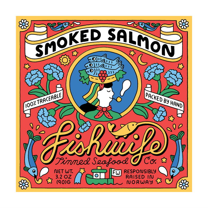 The packaging for Fishwifes Smoked Atlantic Salmon showcases a vintage-style illustration of a woman adorned with fish and seaweed. It highlights being 100% traceable, packed by hand, and responsibly raised in Norway—ideal for a sustainable diet.