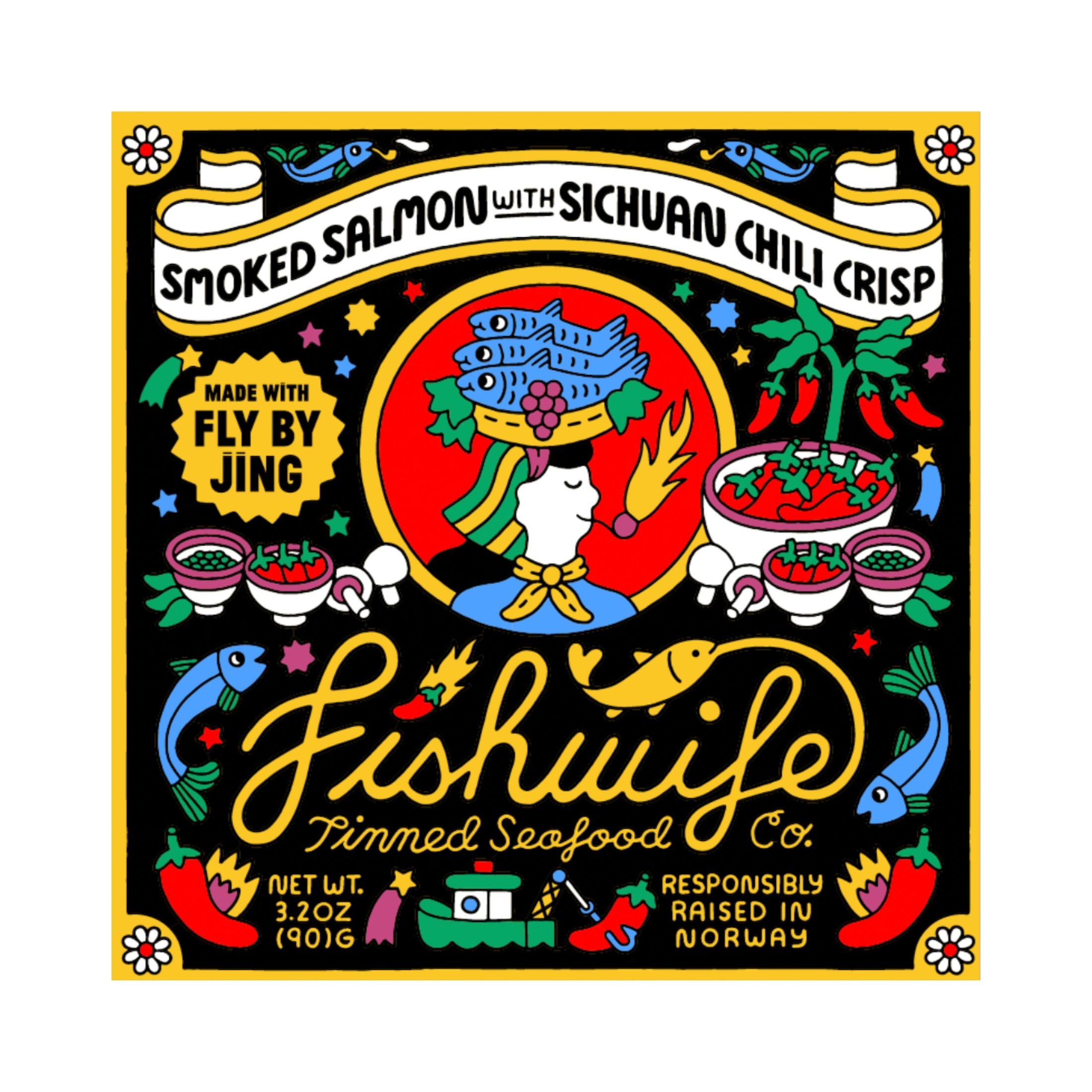 A vibrant seafood label illustration features a chef lifting fish overhead, surrounded by fish, chili peppers, and bowls. The text reads Fishwife Smoked Salmon with Sichuan Chili Crisp.