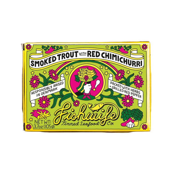 Fishwife Smoked Trout with Red Chimichurri comes in a vibrant tin with floral and fish artwork. Responsibly raised in Denmark, this pantry staple is packed with herbs and grilled red pepper.