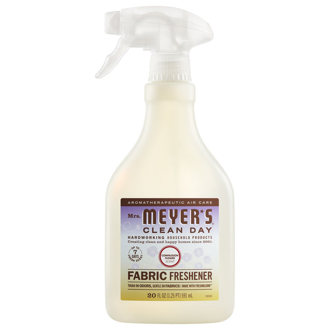 Mrs. Meyer's Fabric Freshener Spray, in a 16 fl oz bottle with a clear trigger nozzle, delivers a long-lasting Compassion Flower scent and odor-fighting power to refresh fabrics.