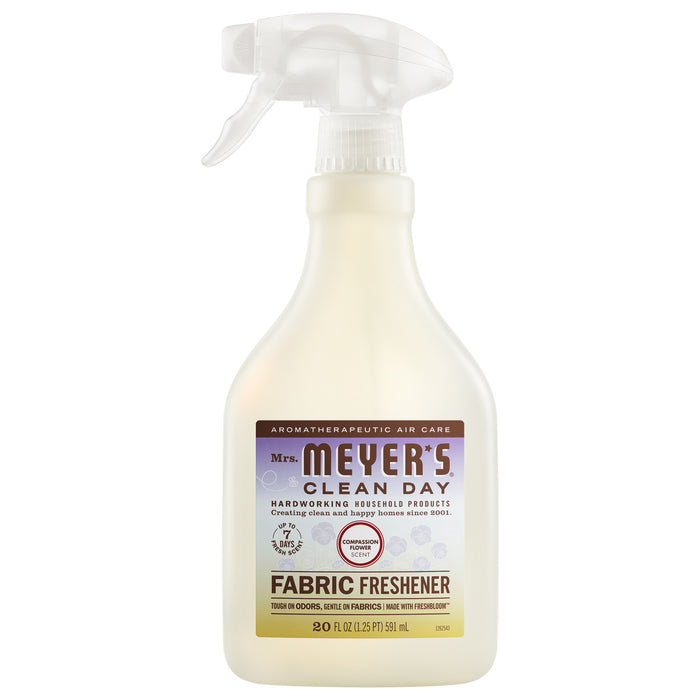 Mrs. Meyer's Fabric Freshener Spray, in a 16 fl oz bottle with a clear trigger nozzle, delivers a long-lasting Compassion Flower scent and odor-fighting power to refresh fabrics.