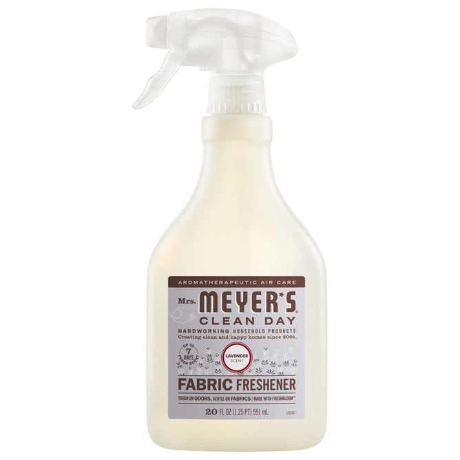 Mrs. Meyer's Fabric Freshener Spray in lavender scent features a white trigger nozzle and beige label, provides odor-fighting power, and contains 16 fl oz (473 mL) to keep spaces fresh and inviting.