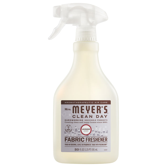 Mrs. Meyer's Fabric Freshener Spray in lavender scent features a white trigger nozzle and beige label, provides odor-fighting power, and contains 16 fl oz (473 mL) to keep spaces fresh and inviting.