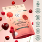 A bag of Beekeepers Naturals Kids Prebiotic Fiber Pops - Sample is shown with cherries, featuring 3g fiber per pop, prebiotics, cherry and raspberry flavors, lollipop images, and health icons for kids digestive health.