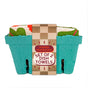 A turquoise carton contains two folded cotton dish towels with colorful patterns. The tan front label displays Dish Towel Set by The Neighborgoods in red and white text.