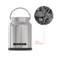 A Rorra Countertop Filter by Rorra is shown, featuring a stainless steel container with a handle designed for countertop water filtration. An inset image provides a 2,350x magnified view of its surface, revealing the network of microscopic fibers present in the Enfinity Filter replacement filter.