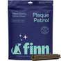 A blue bag of Finn Plaque Patrol dental chews for medium and large dogs, bacon and mint flavor. The packaging features a dog graphic and text about plaque-busting dental chews. One chew is placed in front of the bag.