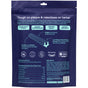 Back of a package for dental chews for dogs. Text highlights benefits like cleaning teeth, freshening breath, and supporting gum health. Includes feeding directions, nutritional information, and company contact details.