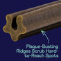 A close-up of a textured, brown dog dental chew with ridges, shown against a dark blue background with the text “Plaque-Busting Ridges Scrub Hard-to-Reach Spots.”.
